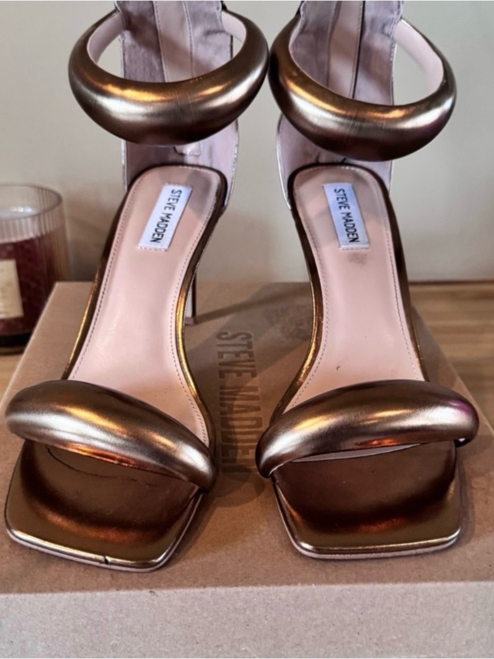 Steve Madden Metallic Bronze Open-Toe Ankle-Strap Heels